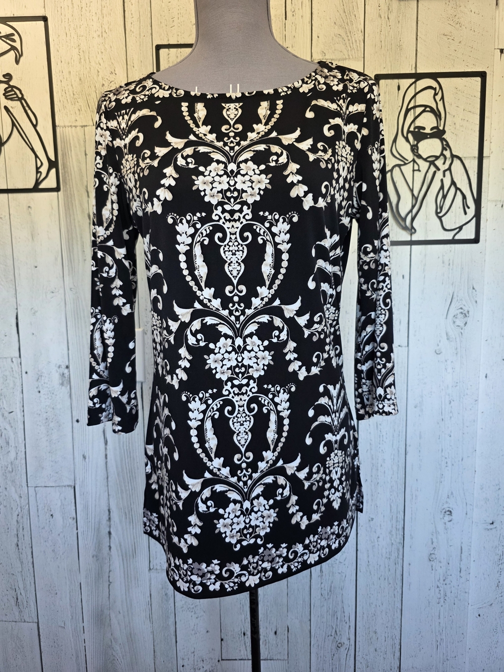 Neu Options Black & White Baroque Print Tunic Top Size S Business Going Out